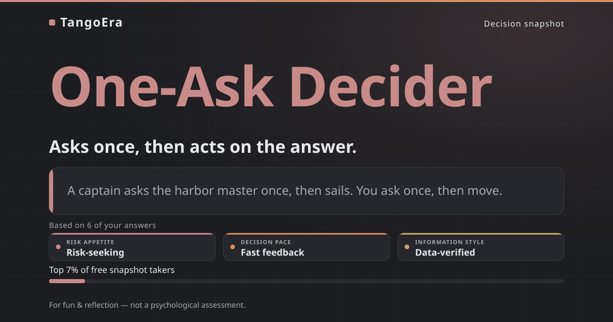One-Ask Decider decision snapshot card: Asks once, then acts on the answer.