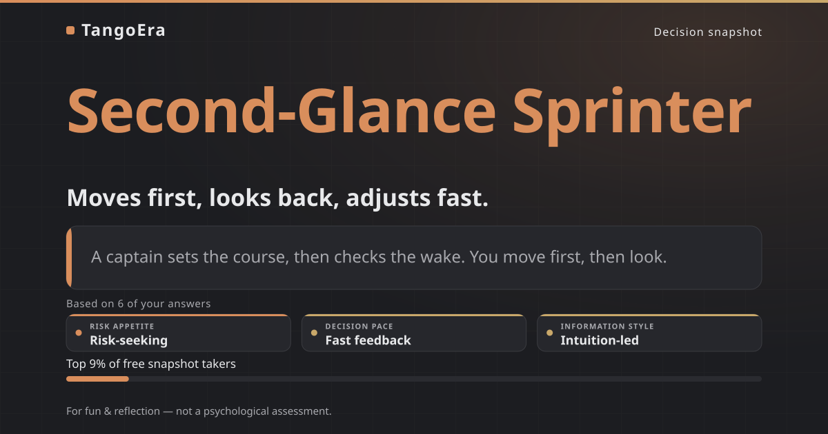 Second-Glance Sprinter decision snapshot card: Moves first, looks back, adjusts fast.